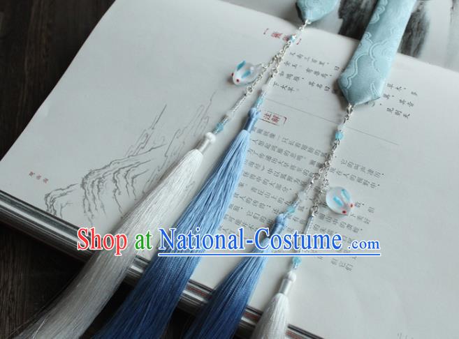 Chinese Traditional Hanfu Ming Dynasty Blue Ribbon Tassel Headband Handmade Ancient Princess Hair Accessories for Women