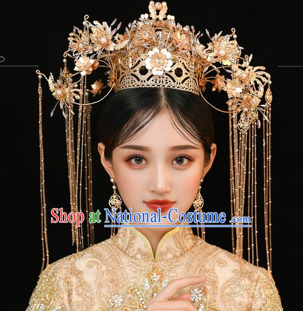 Traditional Chinese Handmade Golden Tassel Hair Crown Hairpins Ancient Bride Hair Accessories for Women