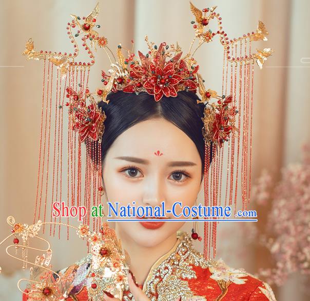 Traditional Chinese Handmade Red Flowers Phoenix Crown Hairpins Ancient Bride Hair Accessories for Women