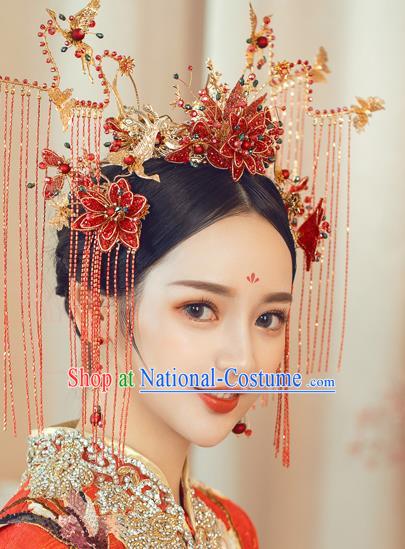 Traditional Chinese Handmade Red Flowers Phoenix Crown Hairpins Ancient Bride Hair Accessories for Women