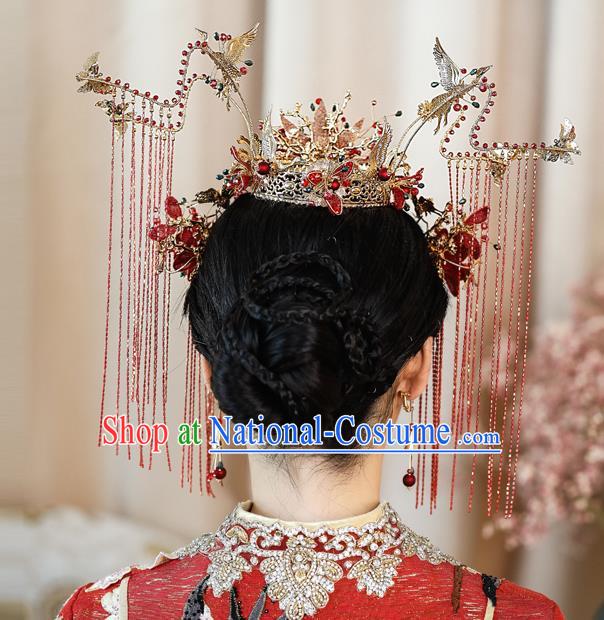 Traditional Chinese Handmade Red Flowers Phoenix Crown Hairpins Ancient Bride Hair Accessories for Women