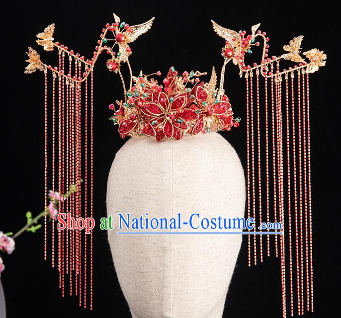 Traditional Chinese Handmade Red Flowers Phoenix Crown Hairpins Ancient Bride Hair Accessories for Women