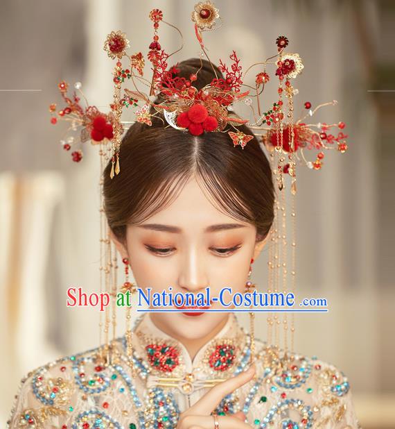 Traditional Chinese Handmade Red Phoenix Crown Hairpins Ancient Bride Hair Accessories for Women