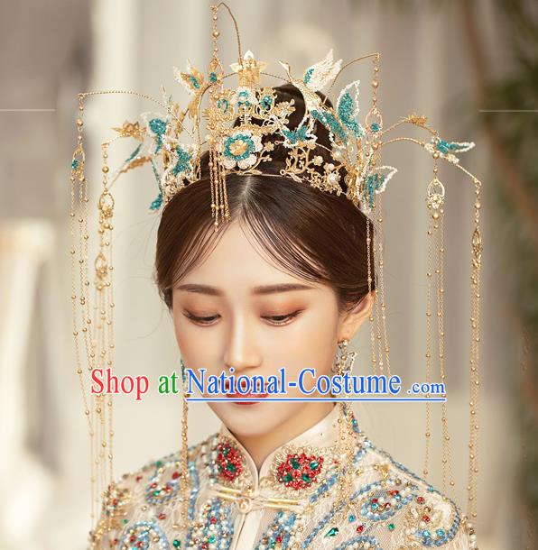 Traditional Chinese Handmade Blue Butterfly Crane Crown Hairpins Ancient Bride Hair Accessories for Women