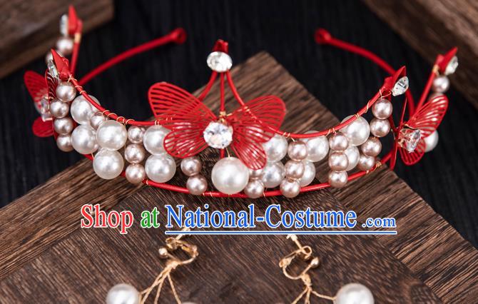 Top Handmade Wedding Bride Red Butterfly Royal Crown Baroque Princess Hair Accessories for Women