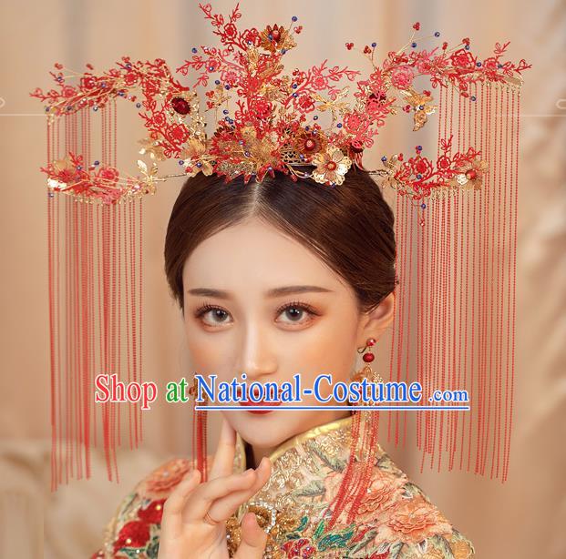 Traditional Chinese Handmade Red Crown Chaplet Hairpins Ancient Bride Hair Accessories for Women