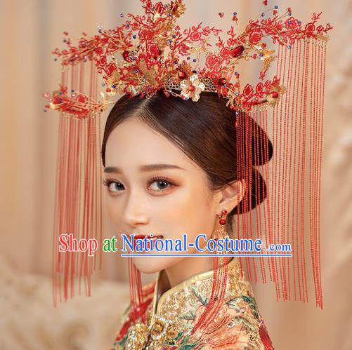 Traditional Chinese Handmade Red Crown Chaplet Hairpins Ancient Bride Hair Accessories for Women