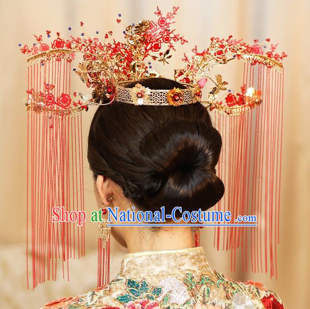 Traditional Chinese Handmade Red Crown Chaplet Hairpins Ancient Bride Hair Accessories for Women