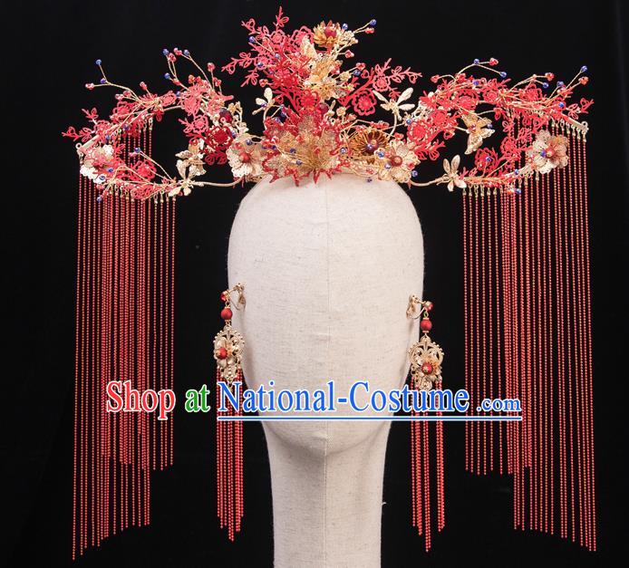 Traditional Chinese Handmade Red Crown Chaplet Hairpins Ancient Bride Hair Accessories for Women