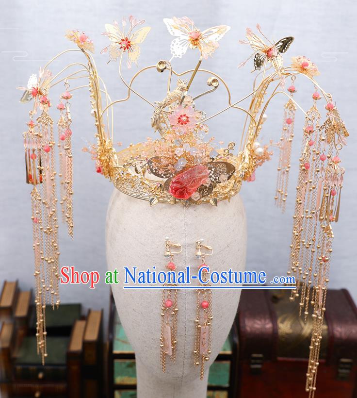 Traditional Chinese Wedding Golden Butterfly Phoenix Coronet Hairpins Handmade Ancient Bride Hair Accessories for Women