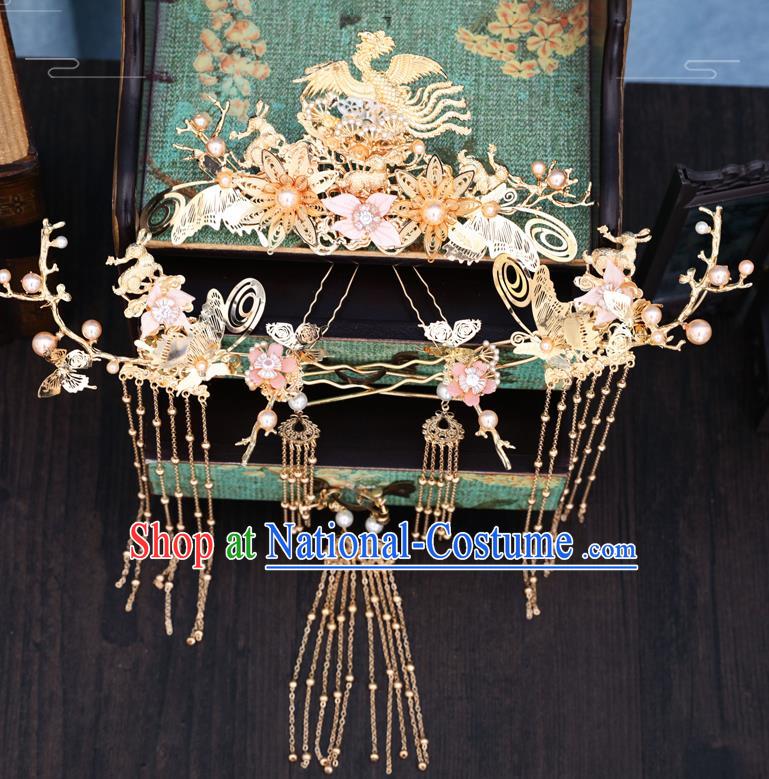 Traditional Chinese Wedding Golden Phoenix Hair Comb Hairpins Handmade Ancient Bride Hair Accessories for Women