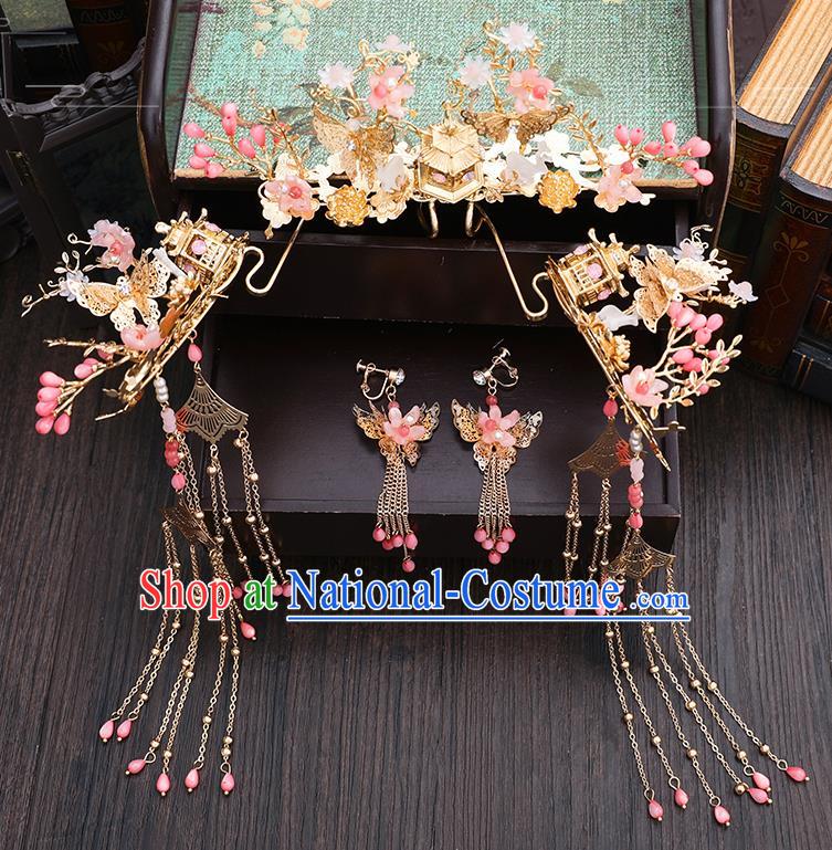 Traditional Chinese Wedding Pink Peach Blossom Hair Comb Hairpins Handmade Ancient Bride Hair Accessories for Women