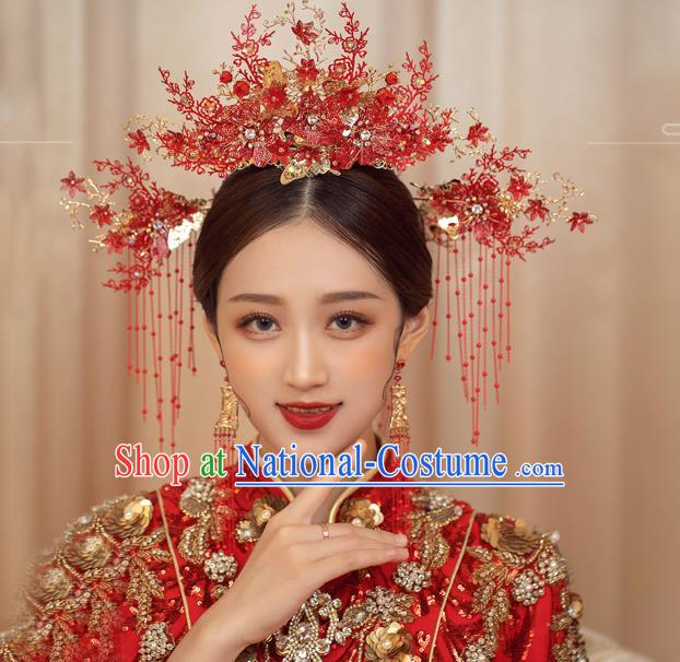 Traditional Chinese Handmade Red Flowers Chaplet Hairpins Ancient Bride Hair Accessories for Women