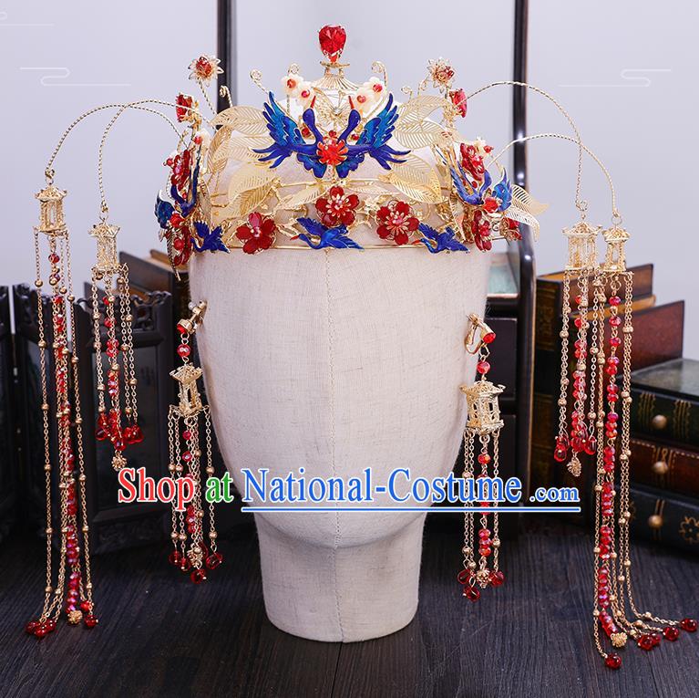 Traditional Chinese Wedding Blueing Crane Phoenix Coronet Hairpins Handmade Ancient Bride Hair Accessories for Women