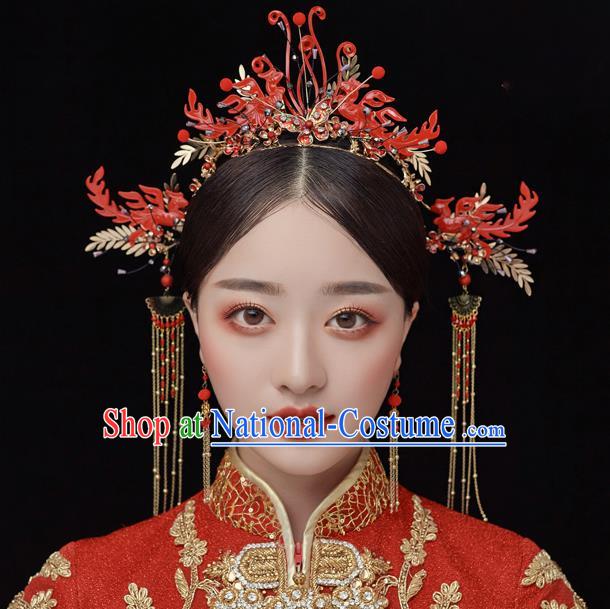 Traditional Chinese Handmade Red Phoenix Chaplet Hairpins Ancient Bride Hair Accessories for Women