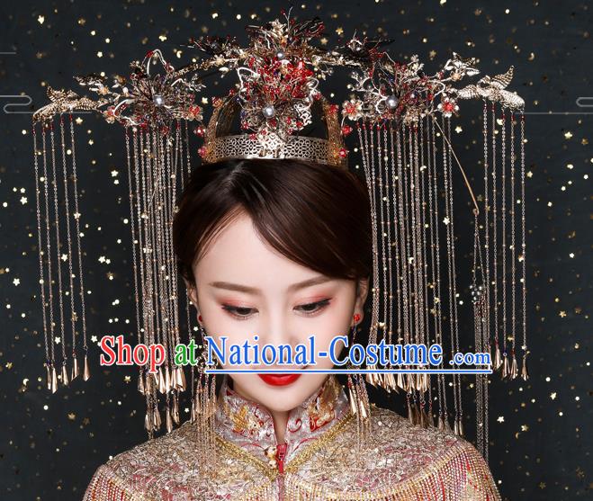 Traditional Chinese Handmade Golden Crown Chaplet Hairpins Ancient Bride Hair Accessories for Women