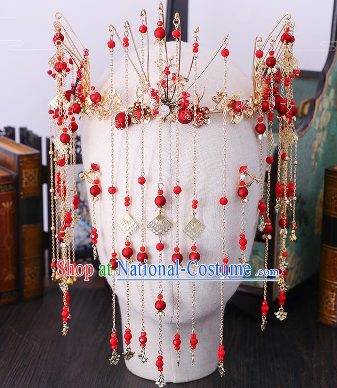 Traditional Chinese Wedding Cloisonne Red Beads Hair Clasp Tassel Hairpins Handmade Ancient Bride Hair Accessories for Women