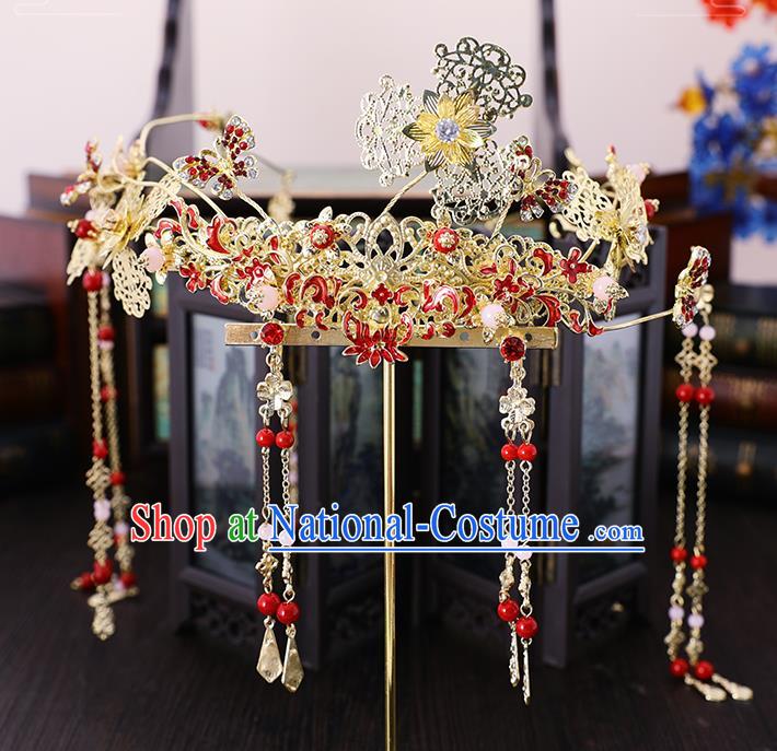 Traditional Chinese Wedding Cloisonne Red Lotus Hair Crown Tassel Hairpins Handmade Ancient Bride Hair Accessories for Women