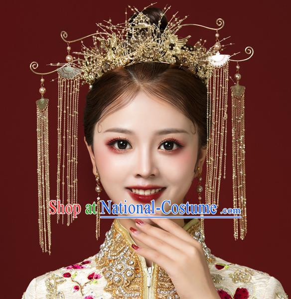 Traditional Handmade Chinese Golden Tassel Hair Crown Hairpins Ancient Bride Hair Accessories for Women