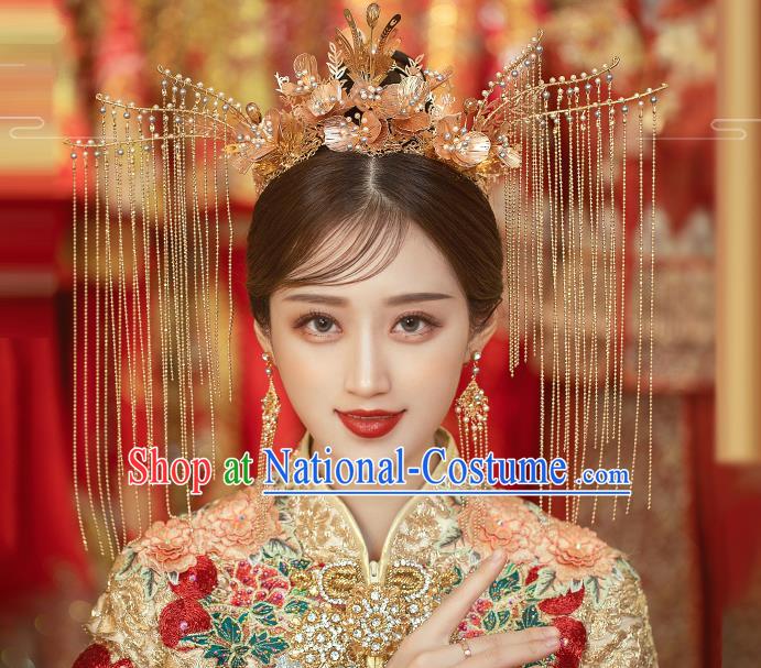 Traditional Chinese Handmade Golden Tassel Phoenix Crown Hairpins Ancient Bride Hair Accessories for Women