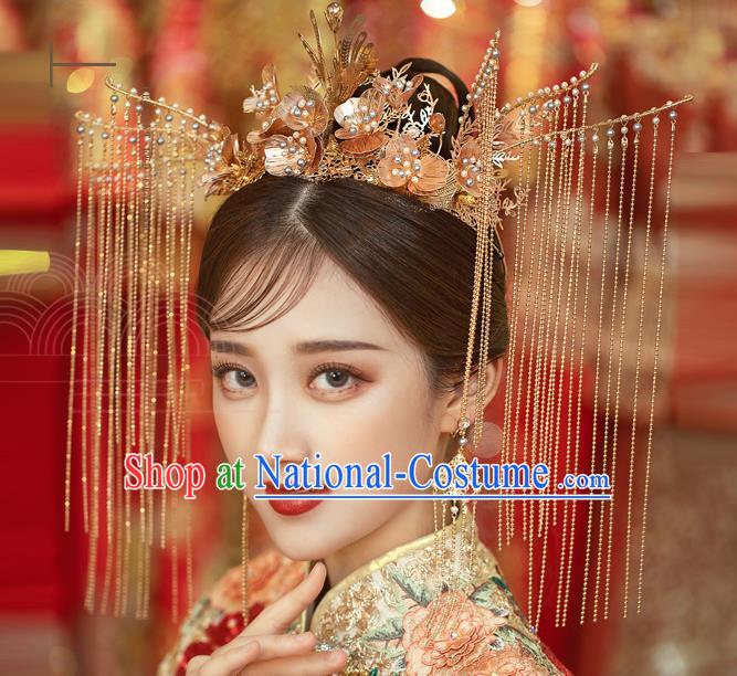 Traditional Chinese Handmade Golden Tassel Phoenix Crown Hairpins Ancient Bride Hair Accessories for Women