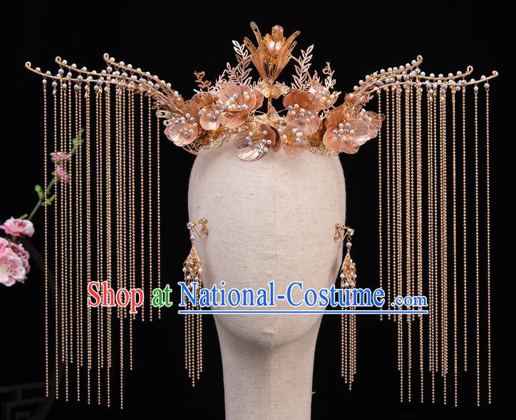 Traditional Chinese Handmade Golden Tassel Phoenix Crown Hairpins Ancient Bride Hair Accessories for Women