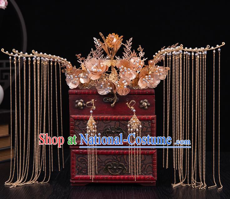 Traditional Chinese Handmade Golden Tassel Phoenix Crown Hairpins Ancient Bride Hair Accessories for Women