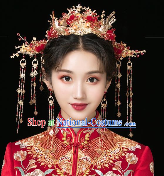 Traditional Handmade Chinese Wedding Red Venonat Phoenix Hair Crown Hairpins Ancient Bride Hair Accessories for Women