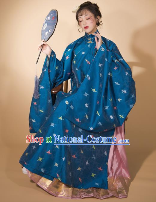 Traditional Chinese Ming Dynasty Blue Blouse and Pink Skirt Ancient Royal Infanta Historical Costumes for Women