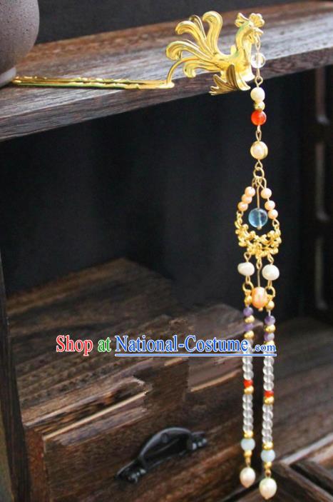 Chinese Traditional Ming Dynasty Golden Phoenix Tassel Hairpins Handmade Ancient Royal Princess Hair Accessories for Women