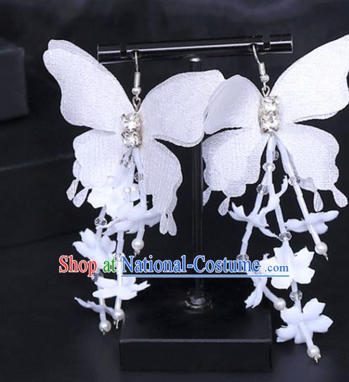 Chinese Traditional Wedding White Silk Butterfly Earrings Handmade Ancient Bride Ear Accessories for Women