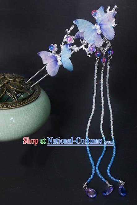 Traditional Chinese Hanfu Blue Butterfly Hairpin Handmade Ancient Princess Hair Accessories for Women