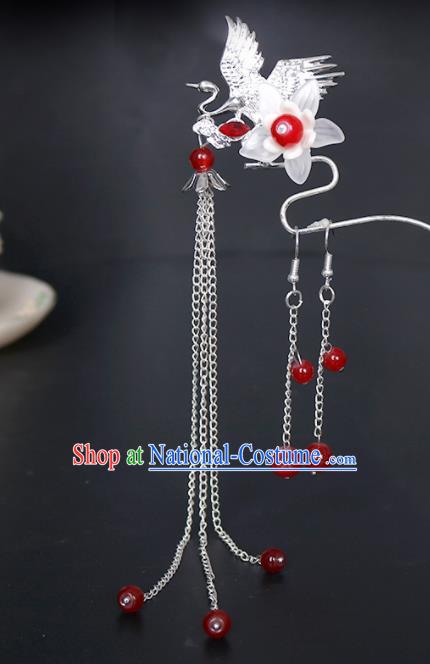 Traditional Chinese Hanfu Crane Tassel Hairpin Handmade Ancient Princess Hair Accessories for Women