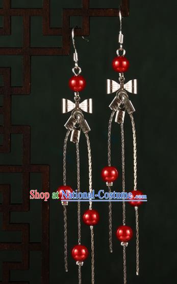 Chinese Traditional Hanfu Red Beads Bowknot Earrings Ancient Fairy Ear Accessories for Women