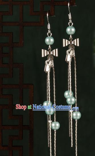 Chinese Traditional Hanfu Blue Beads Bowknot Earrings Ancient Fairy Ear Accessories for Women