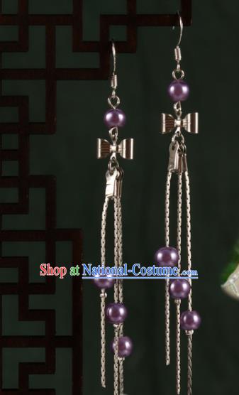 Chinese Traditional Hanfu Purple Beads Bowknot Earrings Ancient Fairy Ear Accessories for Women