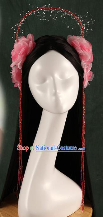 Traditional Chinese Song Dynasty Princess Wigs and Pink Hairpins Ancient Seven Fairies Hair Accessories for Women