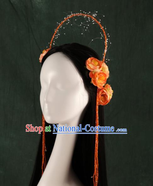 Traditional Chinese Song Dynasty Princess Wigs and Orange Peony Hairpins Ancient Seven Fairies Hair Accessories for Women