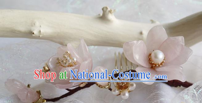 Traditional Chinese Hanfu Pink Magnolia Hair Comb Handmade Ancient Princess Hair Accessories for Women