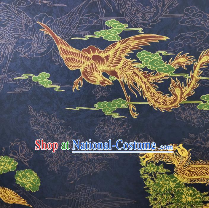 Chinese Traditional Phoenix Pattern Navy Silk Fabric Mulberry Silk Fabric Hanfu Dress Material