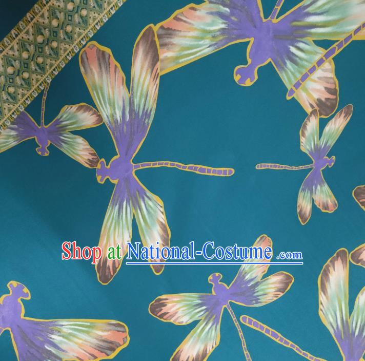 Chinese Traditional Dragonfly Pattern Blue Silk Fabric Mulberry Silk Fabric Hanfu Dress Material