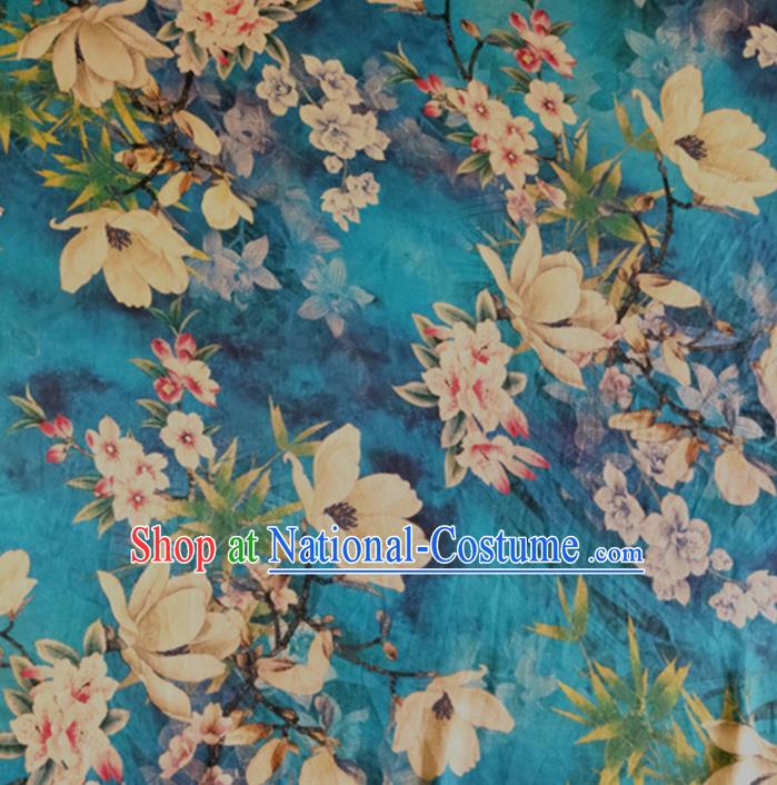 Chinese Traditional Yulan Magnolia Pattern Blue Silk Fabric Mulberry Silk Fabric Hanfu Dress Material