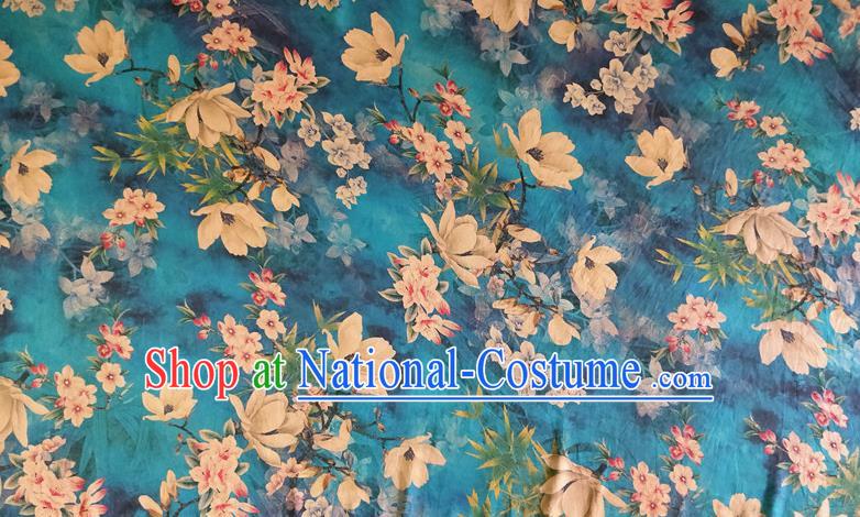 Chinese Traditional Yulan Magnolia Pattern Blue Silk Fabric Mulberry Silk Fabric Hanfu Dress Material