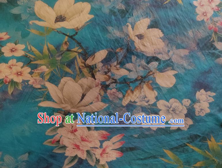 Chinese Traditional Yulan Magnolia Pattern Blue Silk Fabric Mulberry Silk Fabric Hanfu Dress Material