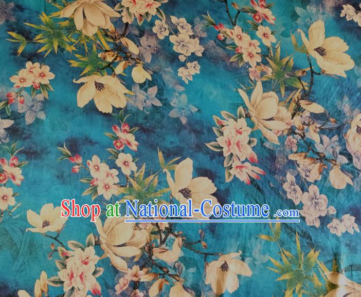 Chinese Traditional Yulan Magnolia Pattern Blue Silk Fabric Mulberry Silk Fabric Hanfu Dress Material