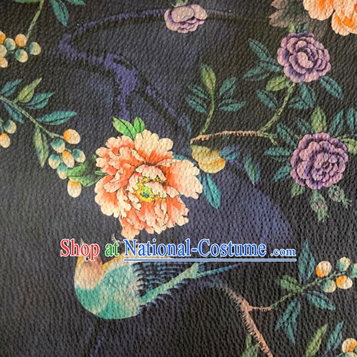 Chinese Traditional Peony Bird Pattern Navy Silk Fabric Mulberry Silk Fabric Hanfu Dress Material