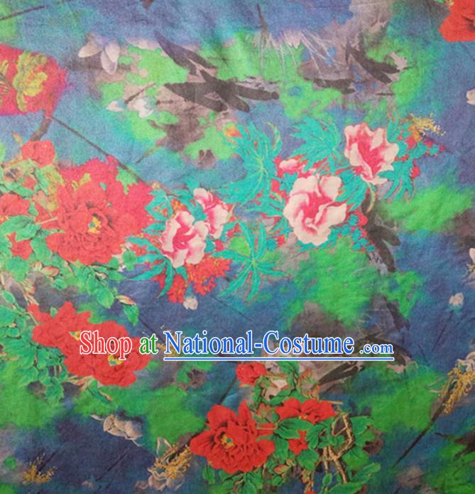 Chinese Traditional Peony Pattern Navy Blue Silk Fabric Mulberry Silk Fabric Hanfu Dress Material