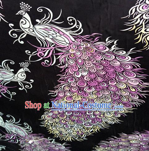 Chinese Traditional Peacock Pattern Black Silk Fabric Mulberry Silk Fabric Hanfu Dress Material