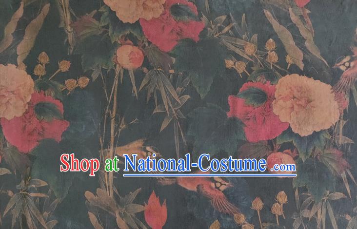 Chinese Traditional Bamboo Peony Pattern Navy Silk Fabric Mulberry Silk Fabric Hanfu Dress Material