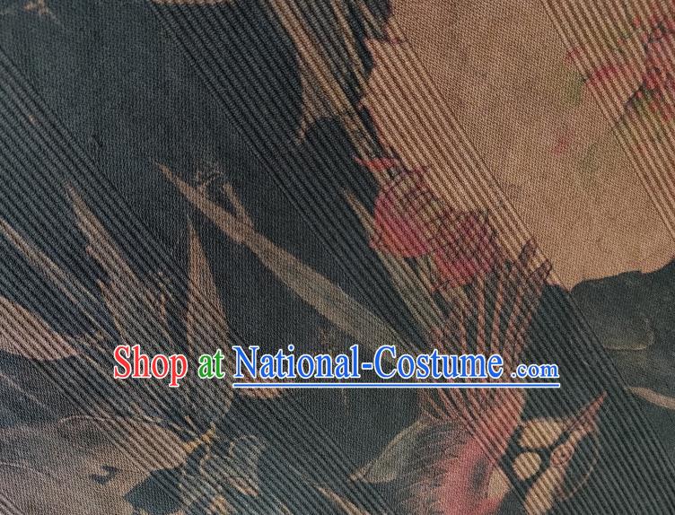 Chinese Traditional Bamboo Peony Pattern Navy Silk Fabric Mulberry Silk Fabric Hanfu Dress Material